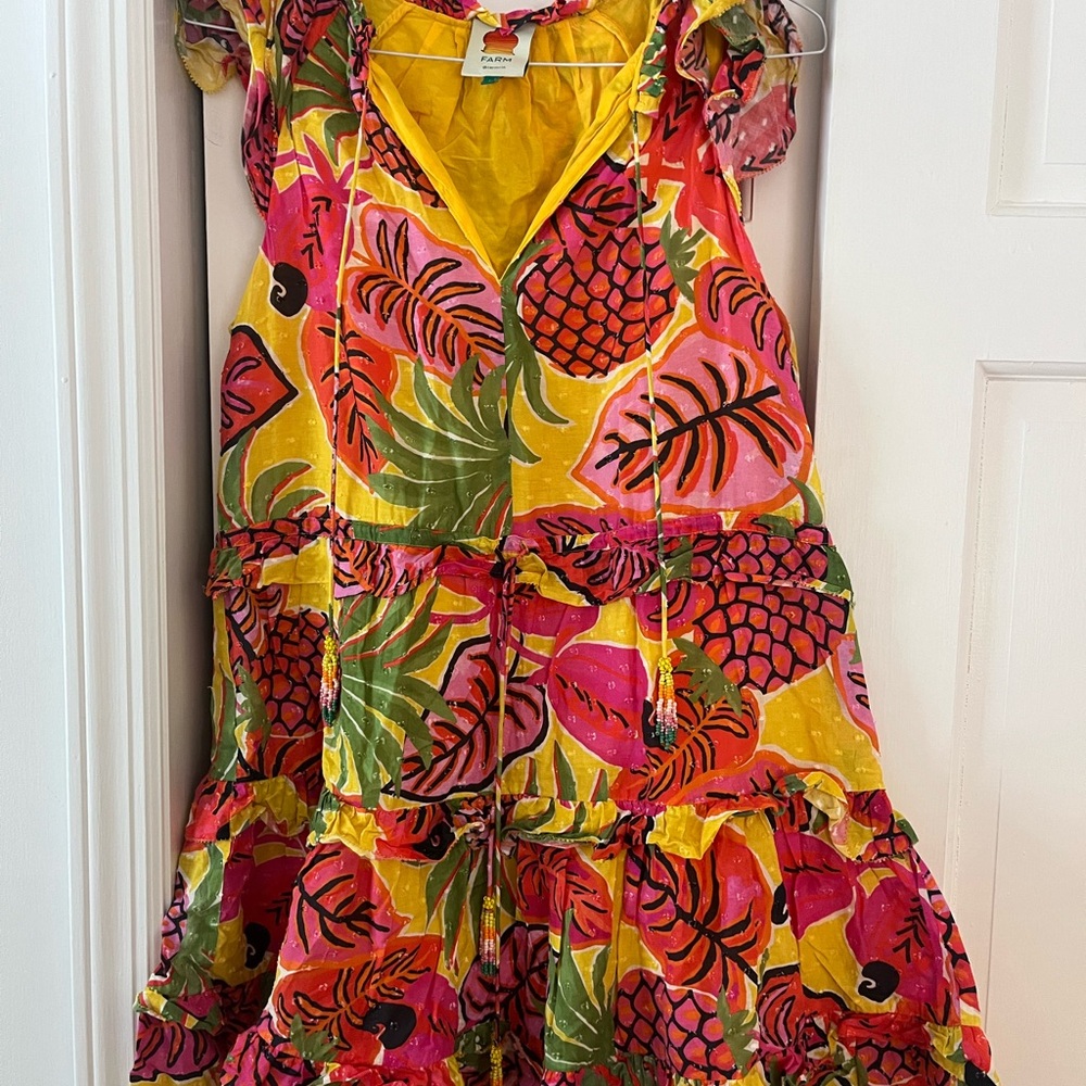 FARM Rio Pink Yellow Green Pineapple Print Midi Dress